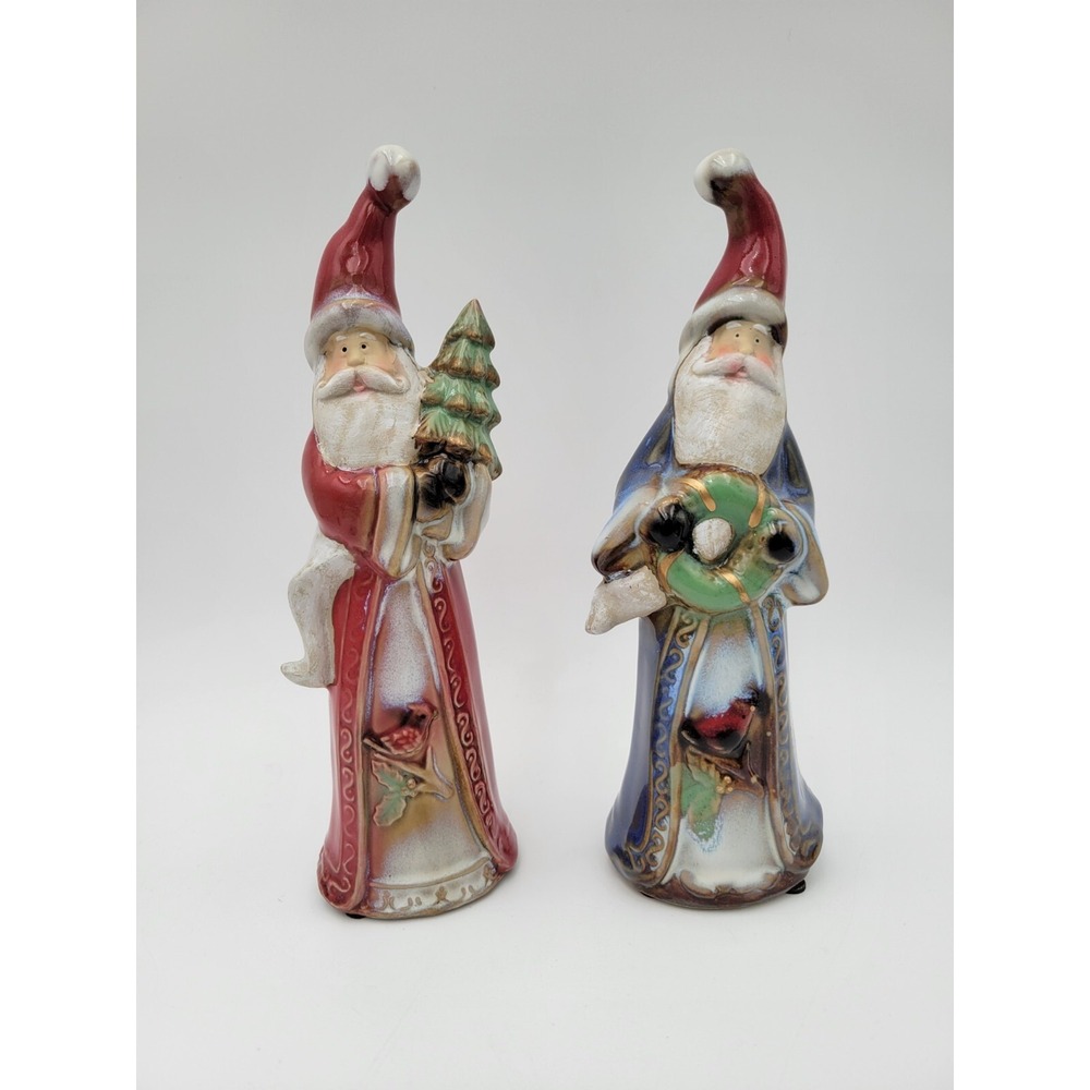 Set Of 2 Old World Santa Claus Figurines Tree & Wreath Both W/ A Cardinal 8"